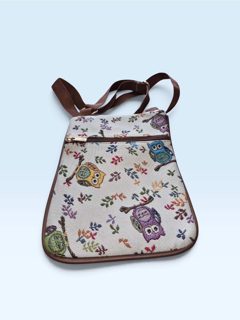 Embroidered Owl Crossbody Bag in Beige with Brown Strap